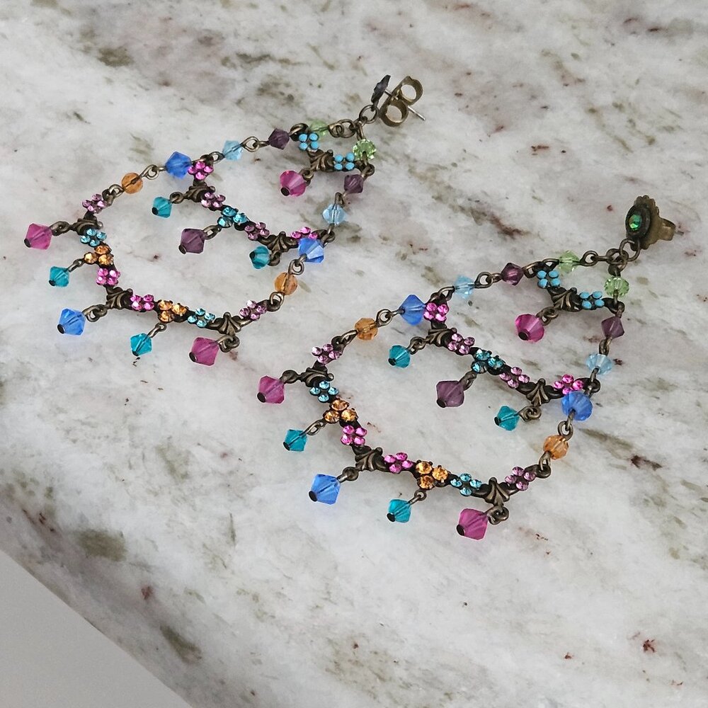 RARE VINTAGE SORRELLI FLOWER FLORAL CRYSTAL DROP DANGLE CHANDELIER EARRINGS - Picture 6 of 13